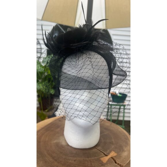 Halloween Black Feathered Fascinator Hat With Mesh Veil & Velvet Pumpkin Design - Picture 5 of 7